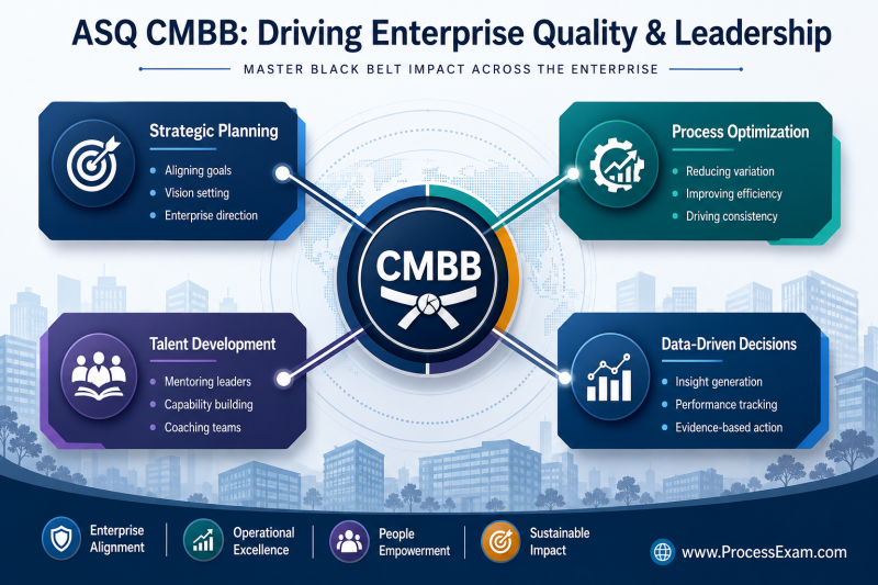 Conceptual infographic showing the ASQ CMBB's central role in driving enterprise quality, with radiating lines connecting to strategic planning, process optimization, talent development, and data-driven decisions.
