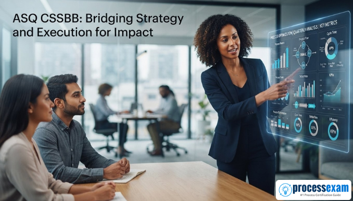 A Six Sigma Black Belt professional (adult woman) leading a team meeting, pointing to data visualizations on a screen, symbolizing strategic execution. The ASQ CSSBB certification demonstrates leadership in process improvement.