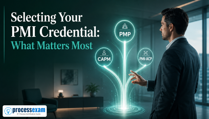 A man evaluates holographic projections of various PMI certification options in a modern setting, symbolizing strategic career decisions.