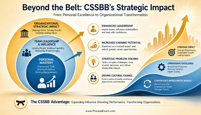 Infographic showing the strategic impact of ASQ CSSBB certification, illustrating how it expands professional influence from individual skills to organizational leadership and cultural change.