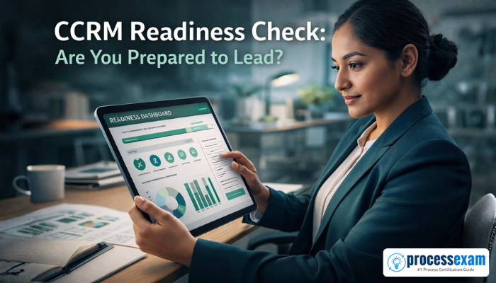 A professional reviewing a digital readiness dashboard on a tablet, symbolizing preparation and strategic thinking for the CCRM exam.