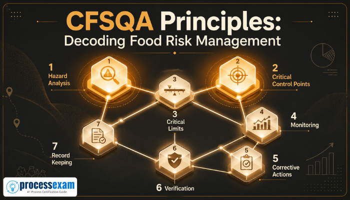 An abstract isometric illustration shows glowing nodes connected by lines, representing the seven HACCP principles and how the ASQ CFSQA decodes food risk management. It symbolizes interconnectedness and systematic control.