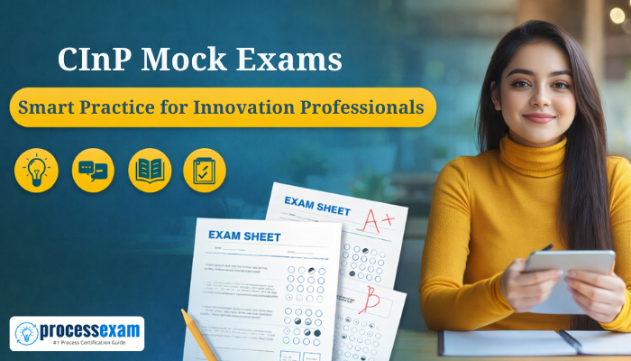 Professional banner showing a confident innovation professional using a tablet, promoting CInP Mock Exams with the message Smart Practice for Innovation Professionals and illustrated exam sheets.