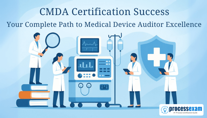 Medical professionals with medical devices and books illustrating CMDA certification success and the path to becoming a Certified Medical Device Auditor.