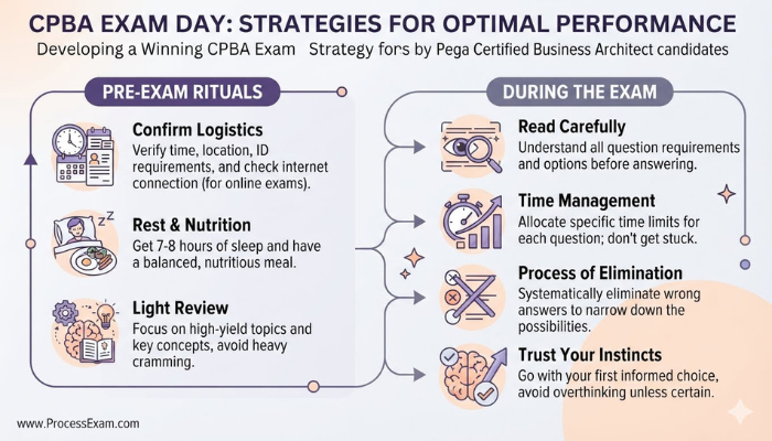 Infographic outlining a winning strategy for the Pega CPBA exam day, covering essential pre-exam rituals and key performance optimization tips during the test for candidates.