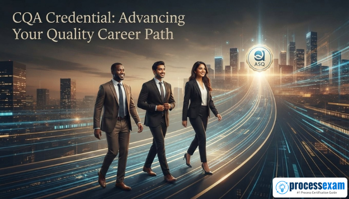 Three diverse professionals confidently walk up an abstract path towards a glowing ASQ CQA symbol, illustrating career advancement and opportunity through certification. It uses terracotta, black, and gold colors.