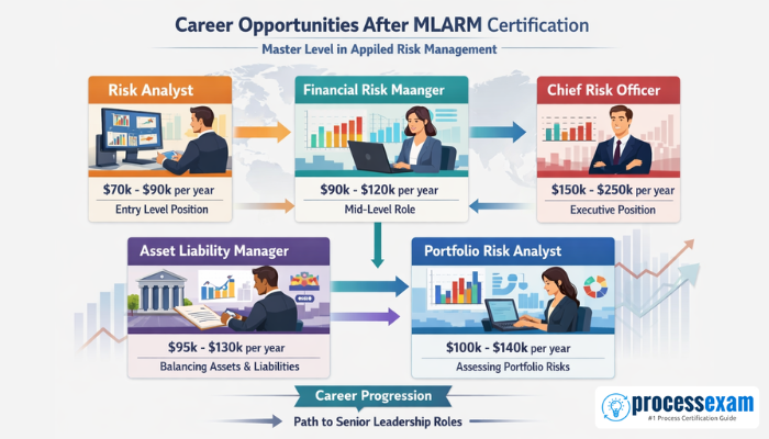 Career opportunities after MLARM Certification showing risk management roles like Risk Analyst, Financial Risk Manager, Portfolio Risk Analyst, Asset Liability Manager, and Chief Risk Officer with salary ranges.