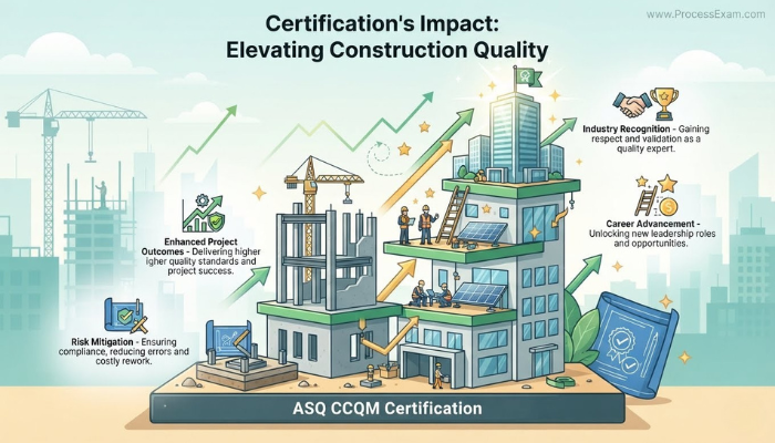 Conceptual infographic showing the career and project benefits of ASQ CCQM certification, including enhanced project outcomes, career advancement, risk mitigation, and industry recognition, depicted with a rising construction project metaphor.