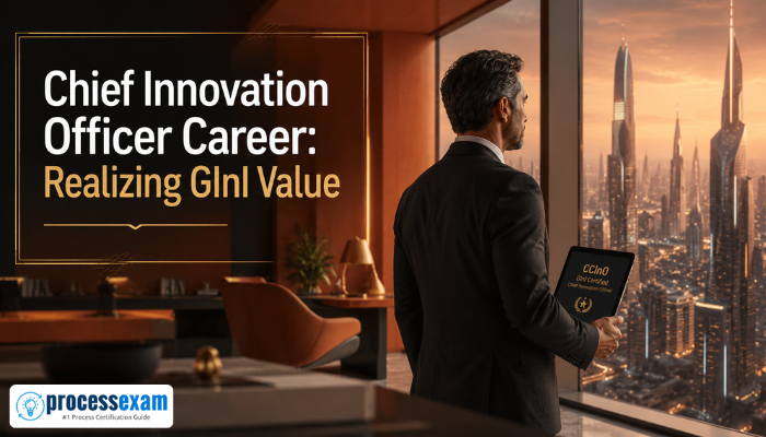 An adult man, a GInI CCInO holder, stands in a modern office, looking at a futuristic cityscape, symbolizing a successful Chief Innovation Officer career path and strategic foresight.
