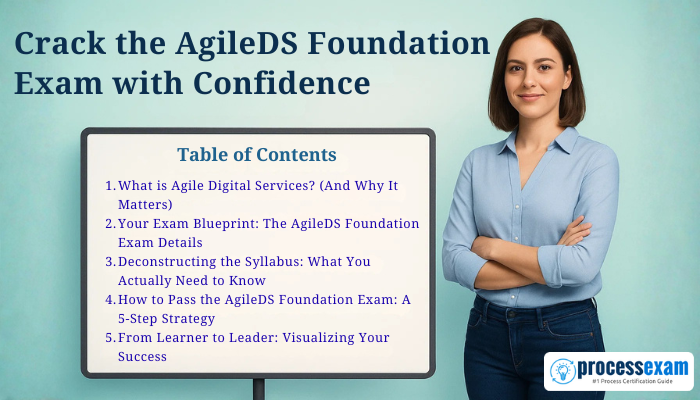 A confident professional woman stands beside a presentation board displaying the title Crack the AgileDS Foundation Exam with Confidence and a five-point table of contents, with the ProcessExam logo in the corner.