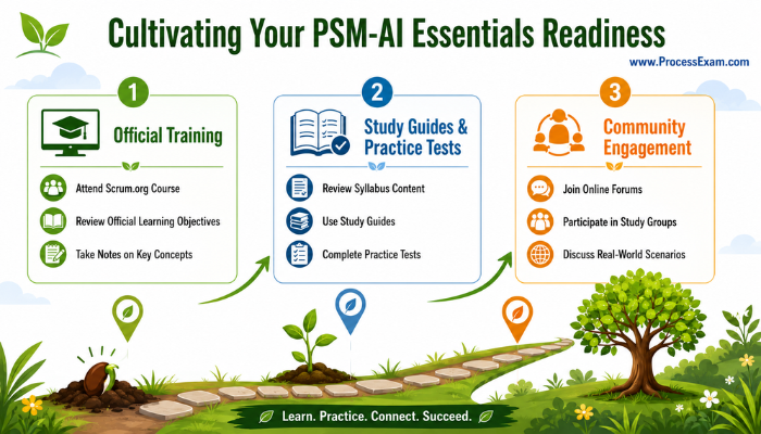 Infographic detailing a comprehensive preparation strategy for the PSM-AI Essentials exam, covering official training, study resources, and community engagement.