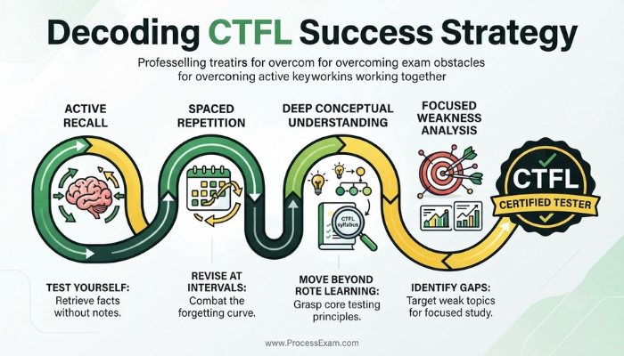 Infographic illustrating key strategies for ISTQB CTFL exam success, including active recall, spaced repetition, and deep conceptual understanding.