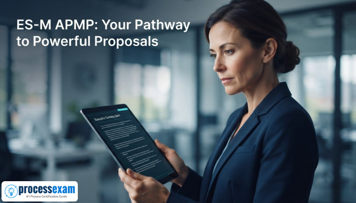 A professional woman, dressed in business attire, intently reviews a digital executive summary on a tablet, showcasing focus and confidence in mastering ES-M APMP skills. The image uses a deep navy and cyan color palette.