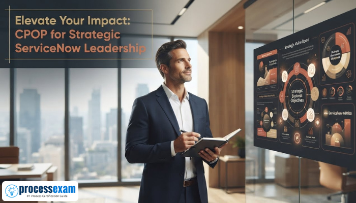 An adult man, a CPOP leader, confidently assessing a strategic vision board in a high-rise office, representing leadership and broad impact in ServiceNow management.