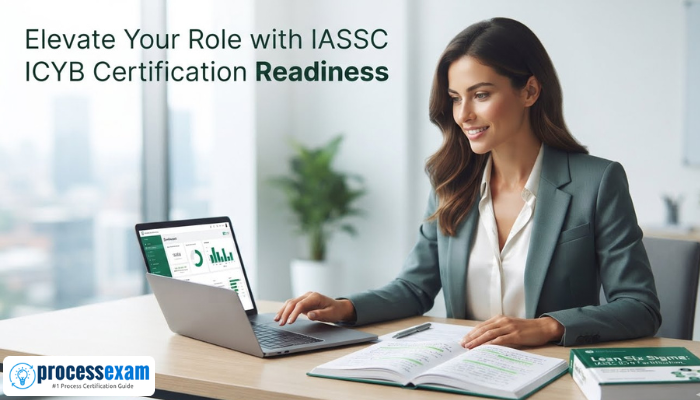 A confident female professional reviewing IASSC ICYB study materials on a laptop in a clean, modern workspace, reflecting preparation for certification.