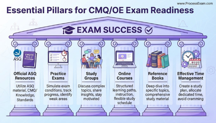 An infographic depicting essential preparation pillars for the ASQ CMQ/OE exam, including official resources, practice tests, and study groups, all contributing to exam readiness.