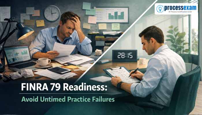 A split image showing the contrast between chaotic, untimed study and focused, simulated exam practice for the FINRA Series 79, highlighting readiness differences.