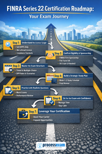 Infographic titled “FINRA Series 22 Certification Roadmap: Your Exam Journey” showing a 7-step path from eligibility to leveraging certification.