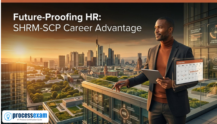 A professional looking out over a city skyline, holding a tablet showing a calendar marked SHRM-SCP, titled Future-Proofing HR.