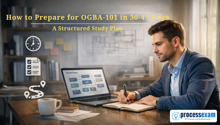 A professional man studying at a desk with a laptop showing a business architecture diagram and notebook, alongside icons and the heading How to Prepare for OGBA-101 in 30-45 Days A Structured Study Plan representing focused TOGAF OGBA-101 exam preparation.