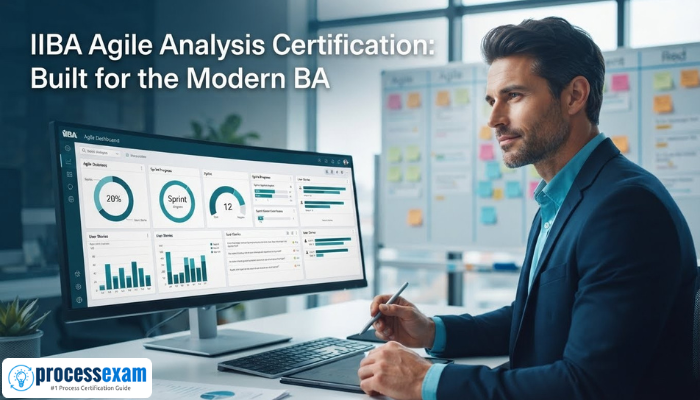 A focused male business analyst reviewing agile dashboards on a screen, representing the application of IIBA Agile Analysis Certification skills in a modern workspace.