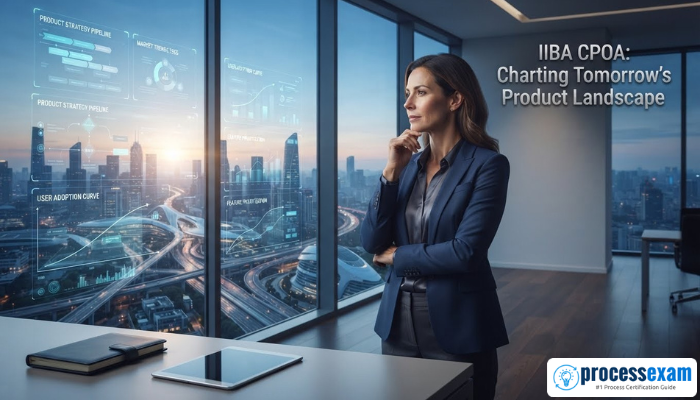 An adult woman, a product owner, gazes at a futuristic city, symbolizing strategic foresight and market analysis for IIBA CPOA. Holographic data overlays highlight future product planning.