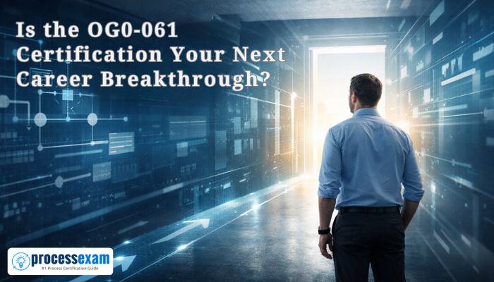 A professional IT worker stands in a futuristic digital corridor facing a bright doorway ahead, symbolizing career growth and opportunity, with the headline “Is the OG0-061 Certification Your Next Career Breakthrough?” displayed on the left.