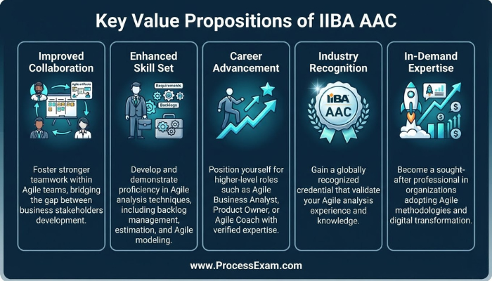 Infographic outlining the key benefits and value propositions of the IIBA Agile Analysis Certification, including skill enhancement and career growth.
