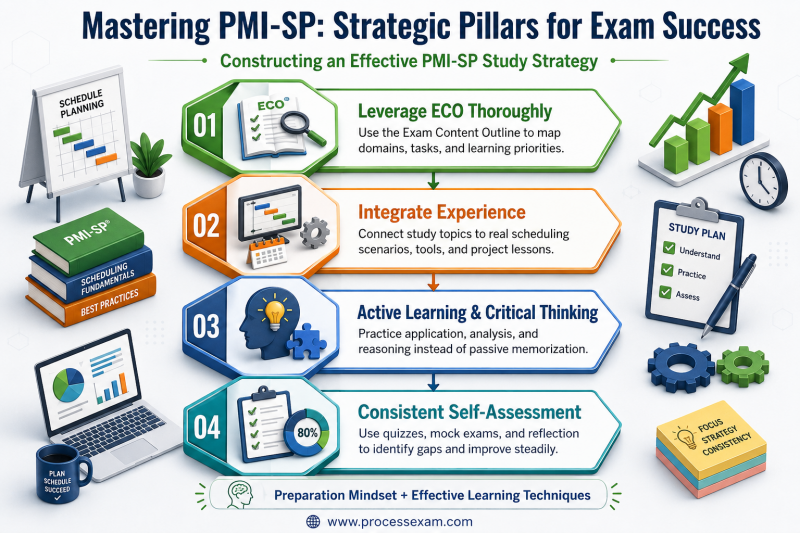 Infographic outlining strategic pillars for PMI-SP exam success, emphasizing effective study methods like leveraging the ECO and integrating practical experience.