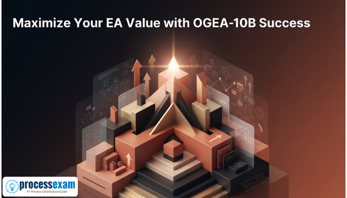 A futuristic 3D render showing an abstract architectural structure rising upwards with glowing strategic symbols, representing career progression and maximized value achieved through OGEA-10B certification.