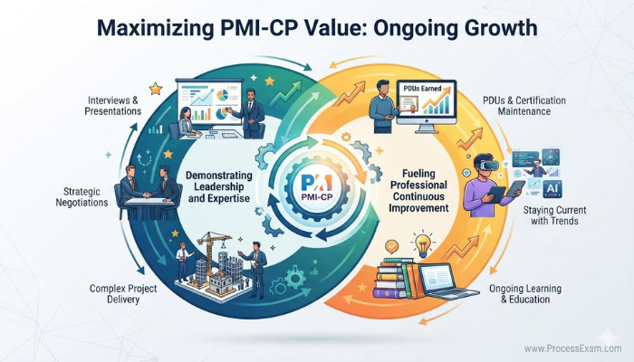 Infographic showing a continuous loop of professional growth with PMI-CP, emphasizing demonstrating leadership and expertise, and fueling continuous improvement through ongoing learning.