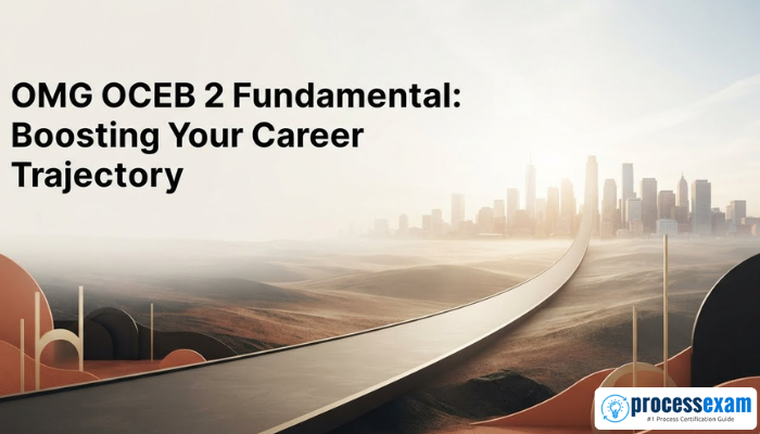 A wide environmental scene depicting a clear upward trajectory leading towards a bright, symbolic future cityscape, representing career growth and aspiration driven by the OMG OCEB 2 Fundamental certification.
