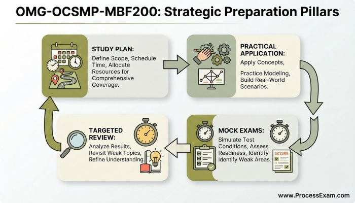Infographic illustrating the strategic preparation pillars for the OMG-OCSMP-MBF200 exam, featuring modular cards for Study Plan, Practical Application, Mock Exams, and Targeted Review, connected in a cyclical flow with clear icons and a warm color scheme.