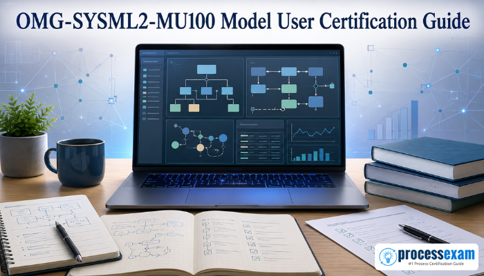 OMG-SYSML2-MU100 Model User certification study guide with laptop, SysML v2 diagrams, notes, and practice tests.