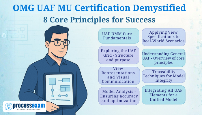 A professional flat-style illustration featuring a confident systems engineer holding a digital UAF model alongside eight labeled concept blocks and the title OMG UAF MU Certification Demystified 8 Core Principles for Success on a pastel tech-themed background.