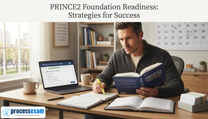 A determined man studying at a desk with an open book and laptop, representing focused preparation for the PRINCE2 Foundation certification. The warm amber and charcoal tones create a serious study atmosphere.