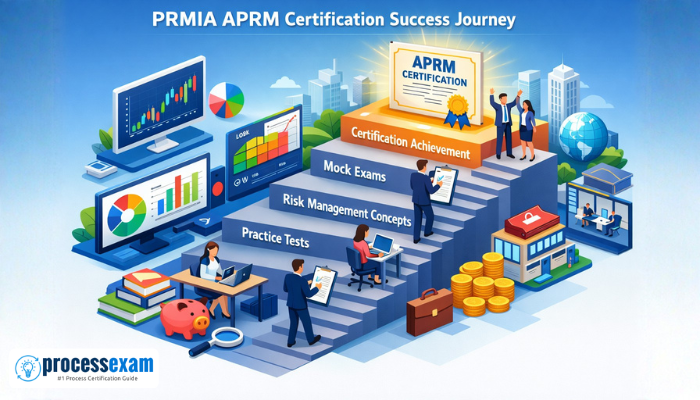 Illustration showing the PRMIA APRM certification success journey with steps like practice tests, risk management concepts, mock exams, and certification achievement.