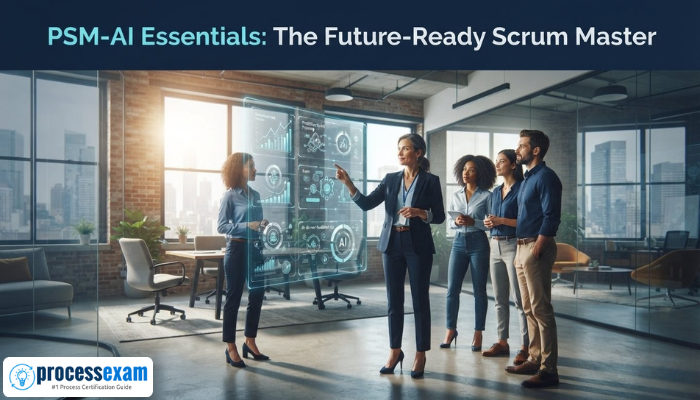 An adult woman, a Scrum Master, confidently presents AI-integrated Agile workflows to her team using a holographic display, illustrating the future-ready PSM-AI Essentials role.