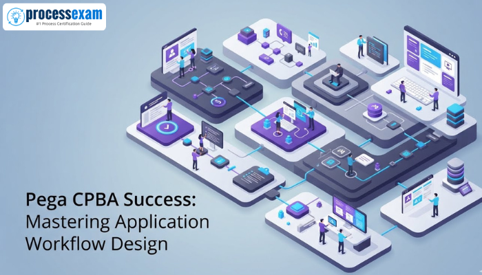 An isometric 3D illustration showing a complex but clearly structured Pega application workflow, with interconnected modules representing different business processes for CPBA success.