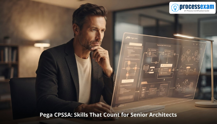 An adult man, a Senior Pega System Architect, contemplating architectural diagrams on a futuristic screen, illustrating advanced Pega CPSSA skills. The image conveys focused problem-solving and expertise in Pega solutions.