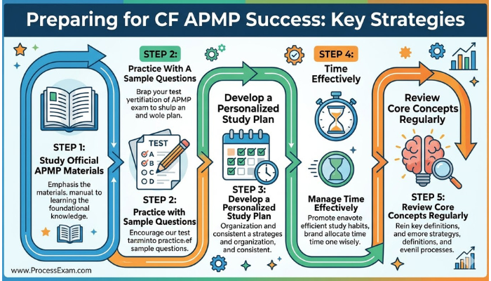 Infographic detailing key preparation strategies for the CF APMP exam, including studying official materials, practicing with questions, and creating a personalized study plan.