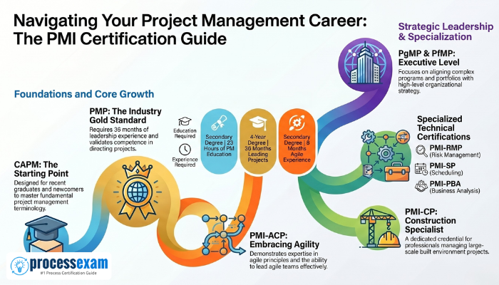 Infographic illustrating the PMI certification career path from CAPM and PMP to specialized certifications like PMI-ACP, PMI-RMP, PMI-SP, PMI-PBA, and PMI-CP for project management professionals.