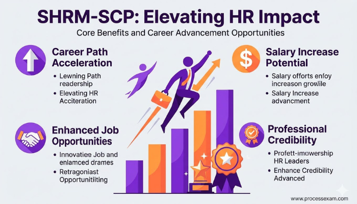 An infographic detailing the elevated impact of SHRM-SCP certification on career advancement, salary potential, job opportunities, and professional credibility for HR leaders.