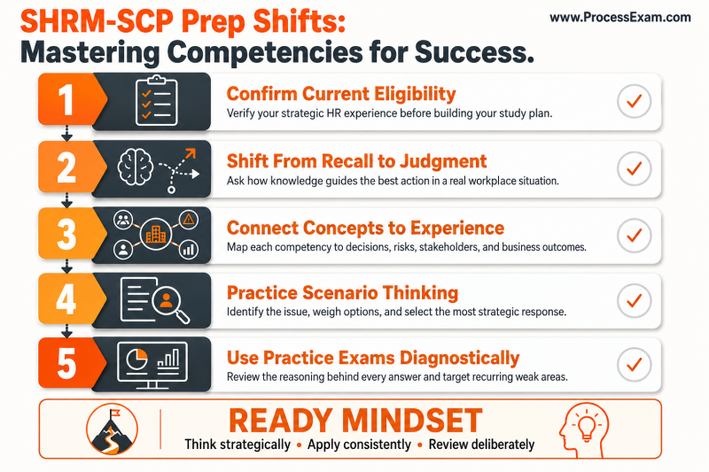 An infographic detailing key SHRM-SCP preparation shifts for mastering competencies, presented in a layered block layout with actionable study tips.