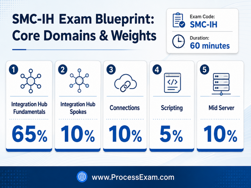 An infographic outlining the ServiceNow SMC-IH exam blueprint, detailing syllabus topics like Integration Hub Fundamentals (65%), Integration Hub Spokes (10%), Connections (10%), Scripting (5%), and Mid Server (10%) with exam duration. It is designed in a modular card layout.