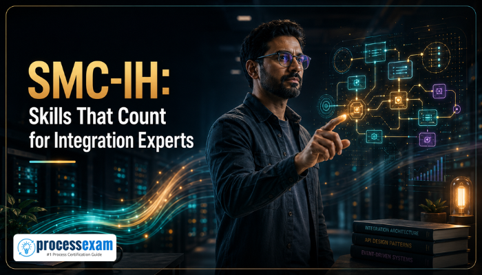 A professional man in a modern data center, looking at a holographic display of interconnected systems, symbolizing the advanced integration skills validated by the ServiceNow SMC-IH certification. Data flows as light trails around him.
