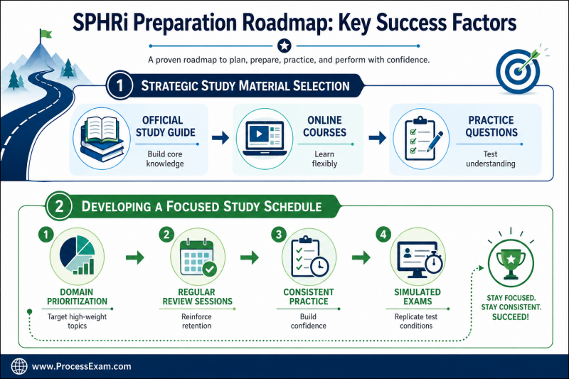 Infographic outlining a strategic roadmap for HRCI SPHRi exam preparation, detailing selection of study materials and developing a focused study schedule for optimal success.