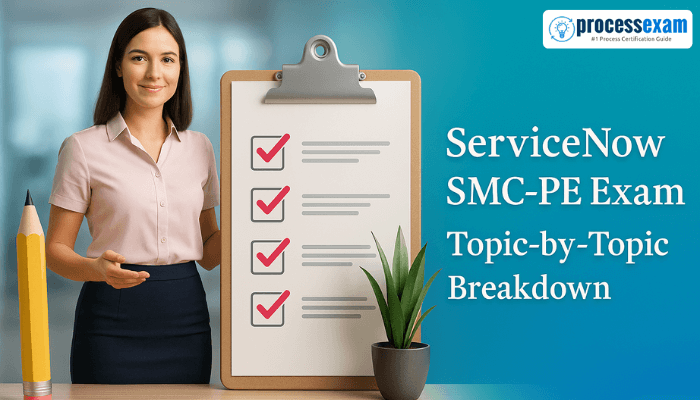 A professional woman stands beside a checklist clipboard in an office setting with the title ServiceNow SMC-PE Exam: Topic-by-Topic Breakdown and the ProcessExam logo on a teal gradient background.