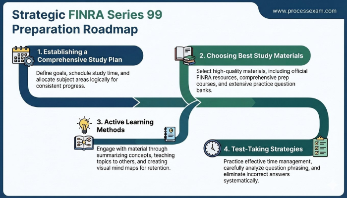 An infographic presenting a strategic roadmap for FINRA Series 99 exam preparation, detailing steps from planning and material selection to active learning and test-taking techniques.