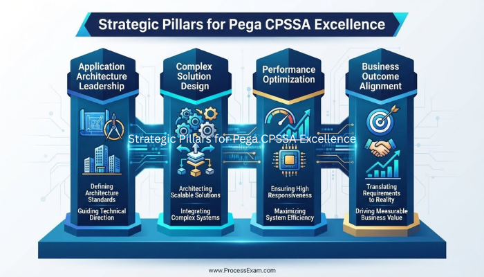 Infographic illustrating the strategic pillars of a Pega CPSSA, highlighting key responsibilities like application architecture leadership, complex solution design, performance optimization, and business outcome alignment, conveying their crucial role in digital transformation.